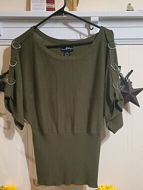 Allegra K Olive Green Long Sleeve Ring-Detail Knit Top